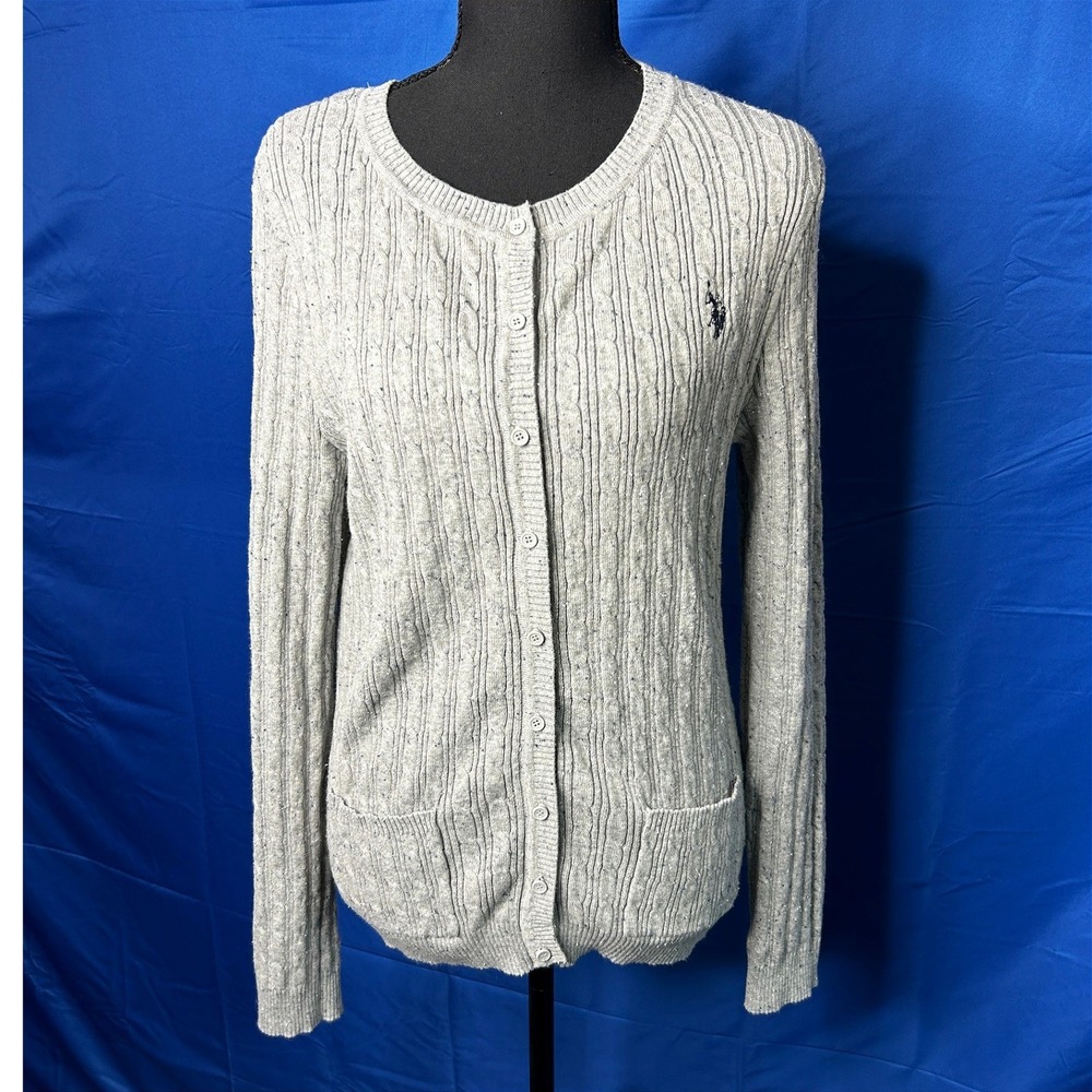 US Polo Gray Cable Knit Cardigan Sweater Sz L Twee Preppy Academia Collegiate